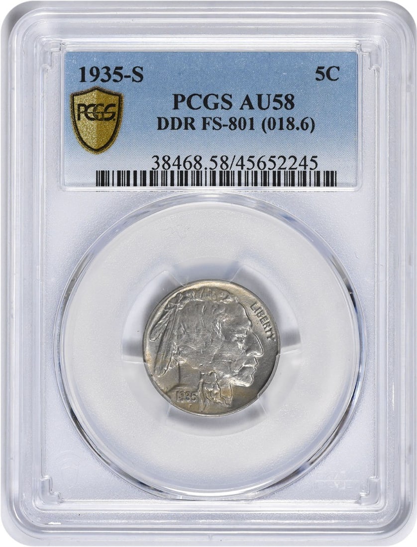 PCGS AU58 1935-S Buffalo Nickel DDR FS-801: PCGS AU58 1935-S Buffalo Nickel DDR FS-801 This 1935-S Buffalo Nickel is graded AU58 by PCGS and features the DDR FS-801 designation. Composed of nickel, this circulated coin originates from the Unite