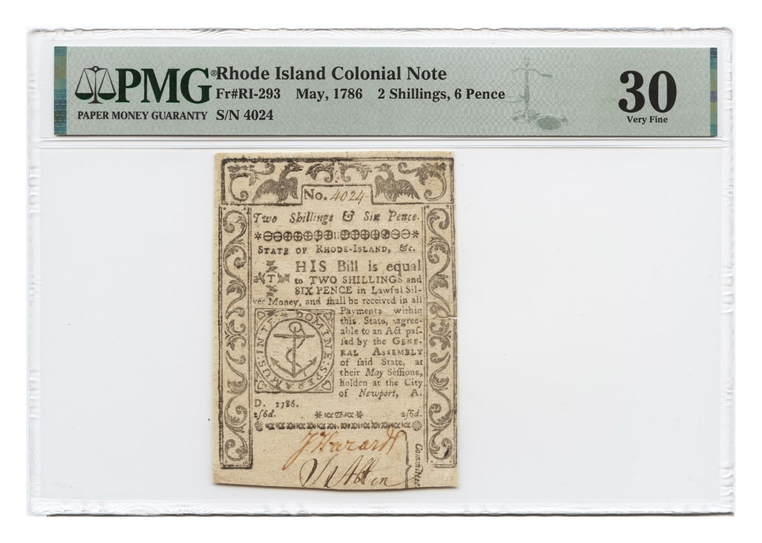Rhode Island Colonial Currency 2 Shillings 6 Pence May 1786 PMG VF30: Rhode Island Colonial Currency 2 Shillings 6 Pence May 1786 PMG VF30 Rhode Island Colonial currency note dated May 1786, denominated at 2 Shillings 6 Pence. This circulated example is PMG graded VF30 