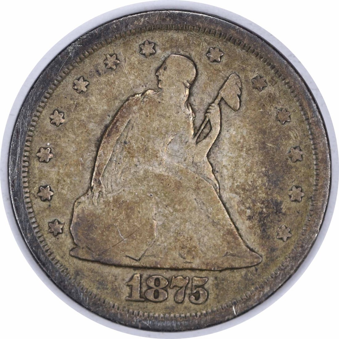 1875-S San Francisco 20C Seated Liberty Silver Coin G Uncertified: 1875-S San Francisco 20C Seated Liberty Silver Coin G Uncertified This 1875-S Twenty Cent Silver Piece is a circulated coin from the United States, designed by William Barber. Composed of 90% silver a