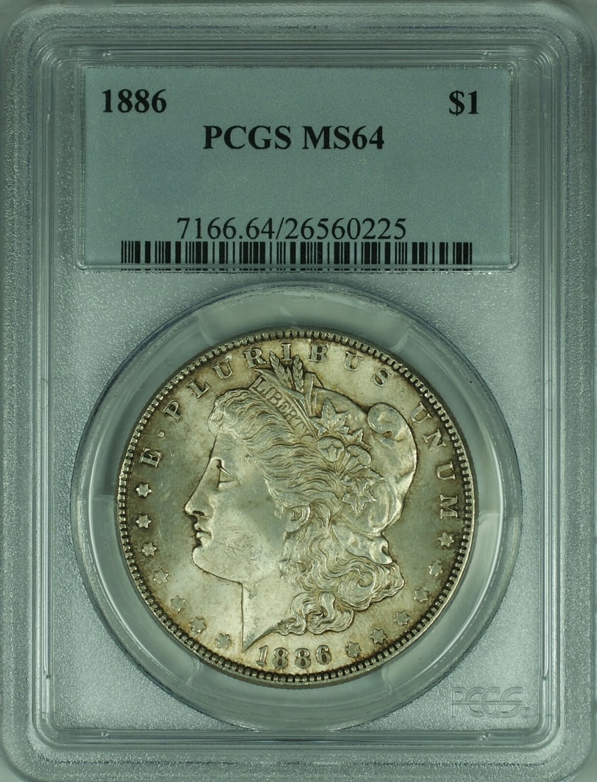 PCGS MS64 1886 Morgan Silver Dollar: PCGS MS64 1886 Morgan Silver Dollar This 1886 Morgan Silver Dollar is an uncirculated coin graded MS64 by PCGS. Struck in Philadelphia, it features a silver composition and displays attractive toning.