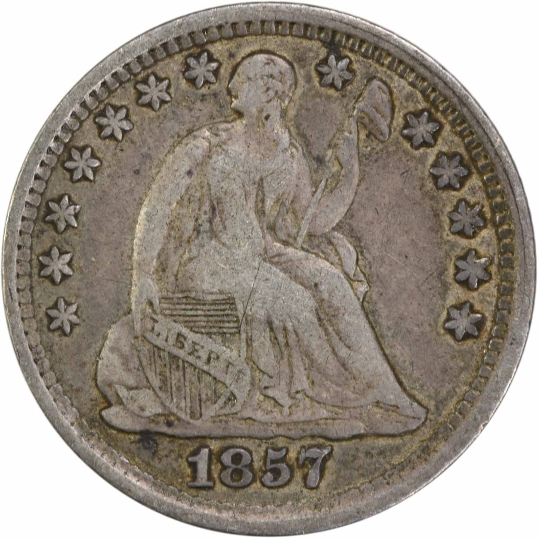 1857 Liberty Seated Half Dime 90% Silver Uncertified EF: 1857 Liberty Seated Half Dime 90% Silver Uncertified EF This 1857 Liberty Seated Silver Half Dime features a classic design by Christian Gobrecht, representing a significant piece of American coinage 