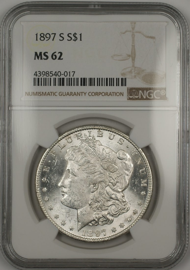 NGC MS-62 1897-S Silver Morgan Dollar Coin from San Francisco: NGC MS-62 1897-S Silver Morgan Dollar Coin from San Francisco This 1897-S Morgan Silver Dollar is an uncirculated $1 coin certified by NGC with a grade of MS-62. Minted in San Francisco, the coin is c