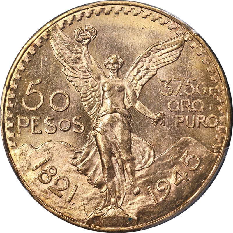 Mexico 1945 Gold 50 Peso PCGS MS65: Mexico 1945 Gold 50 Peso PCGS MS65 This is an original 1945 Mexico Gold 50 Peso coin, graded MS65 by PCGS. The coin features exceptional eye appeal, strong strike, and vibrant luster. Please note, thi
