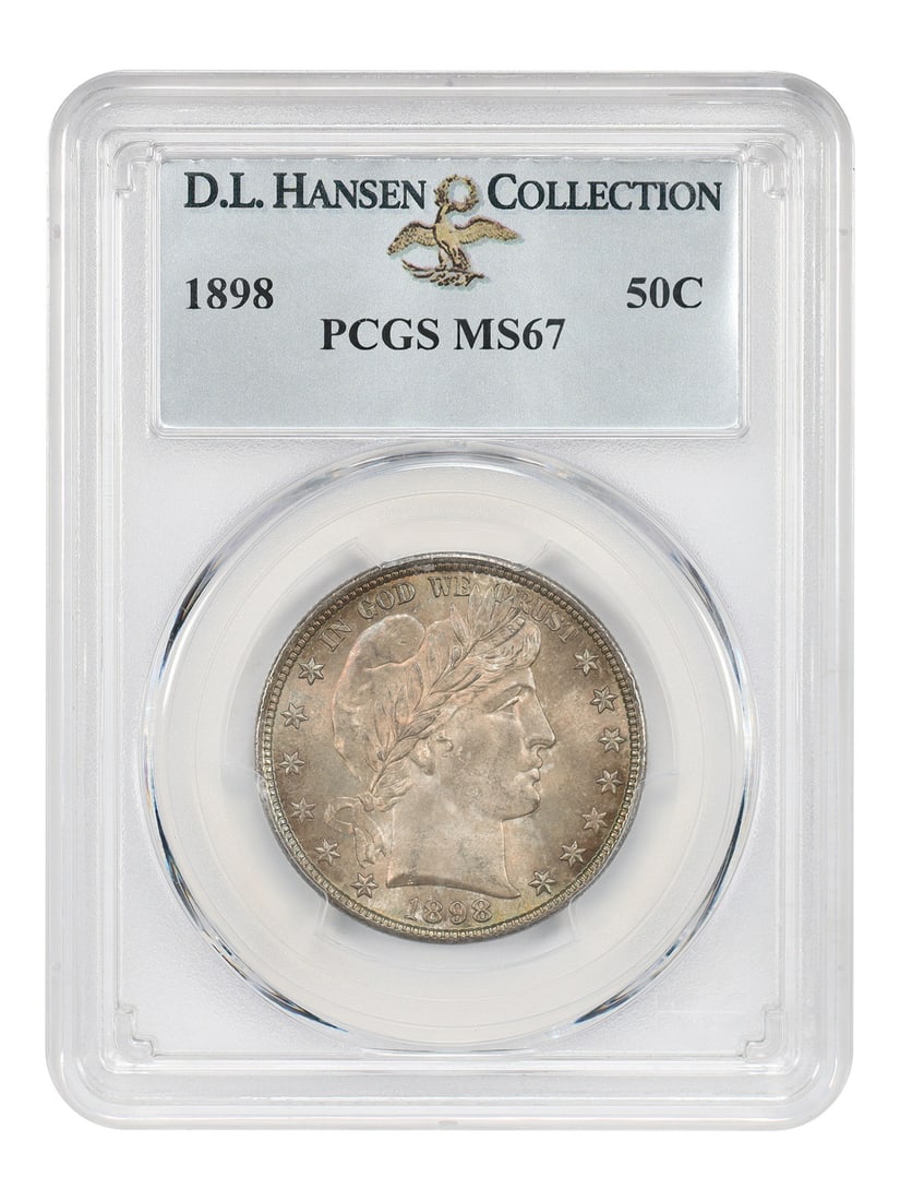 PCGS MS67 1898 Barber Half Dollar 50C ex D.L. Hansen: PCGS MS67 1898 Barber Half Dollar 50C ex D.L. Hansen 1898 Barber Half Dollar certified by PCGS as MS67 and offered ex: D.L. Hansen. Although this issue has a large mintage of 2,956,000 coins, the pres