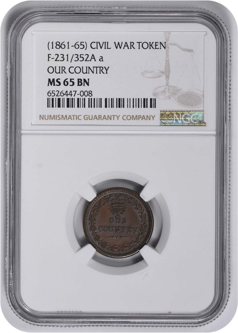 NGC MS65BN 1861-65 Civil War Token Our Country 231 352A Copper: NGC MS65BN 1861-65 Civil War Token Our Country 231 352A Copper Civil War token dated 1861-65 from the Our Country series, graded MS65BN by NGC. The token is described as uncirculated and made of coppe