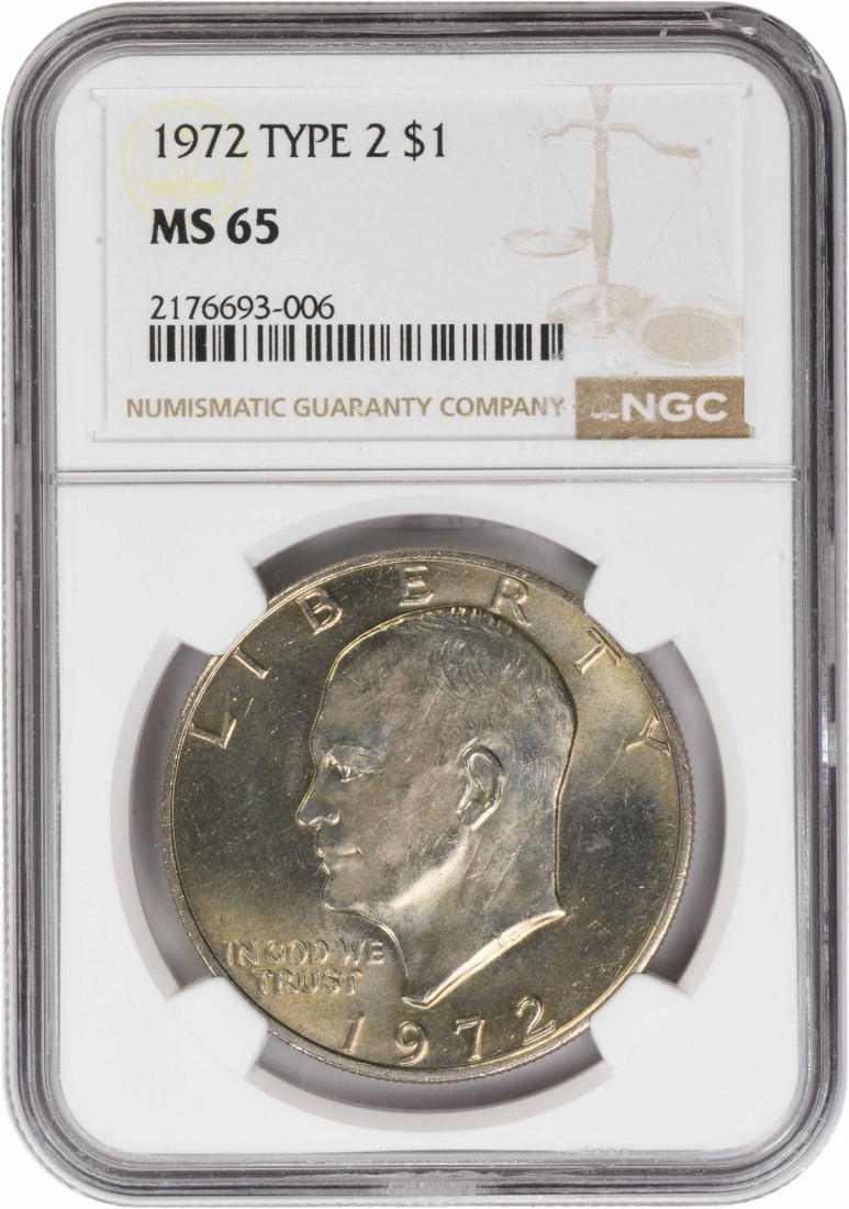 NGC MS65 1972 Eisenhower Dollar Type 2 $1 Coin: NGC MS65 1972 Eisenhower Dollar Type 2 $1 Coin 1972 Eisenhower Dollar Type 2 graded MS65 by NGC. This uncirculated United States $1 coin is composed of clad and is identified as KM 203. It is offered 
