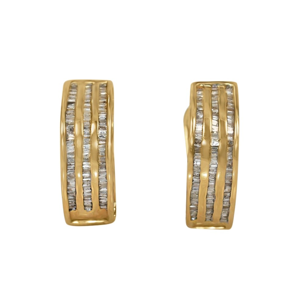 Ladies 14K Yellow Gold Hoop Earrings with Baguette Diamonds 6.5gr: Ladies 14K Yellow Gold Hoop Earrings with Baguette Diamonds 6.5gr Pre-owned ladies' hoop earrings crafted in 14k yellow gold and set with approximately 150 small baguette diamonds. These hinged earrin