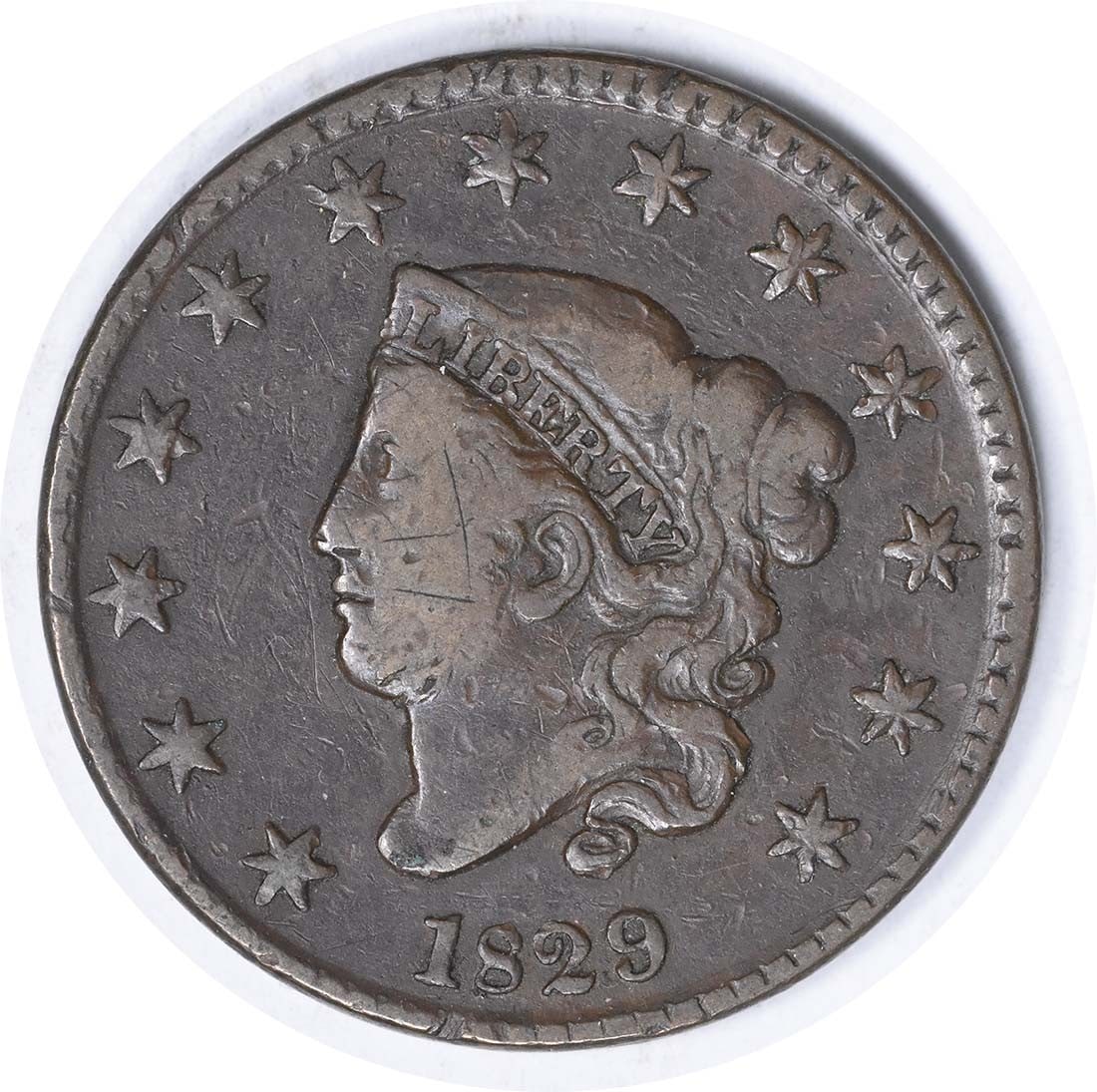 1829 Coronet Head Large Cent N-5 Medium Letters VF Uncertified: 1829 Coronet Head Large Cent N-5 Medium Letters VF Uncertified This is an 1829 Coronet Head Large Cent featuring medium letters. The coin is composed of copper and has a circulated, pre-owned conditio