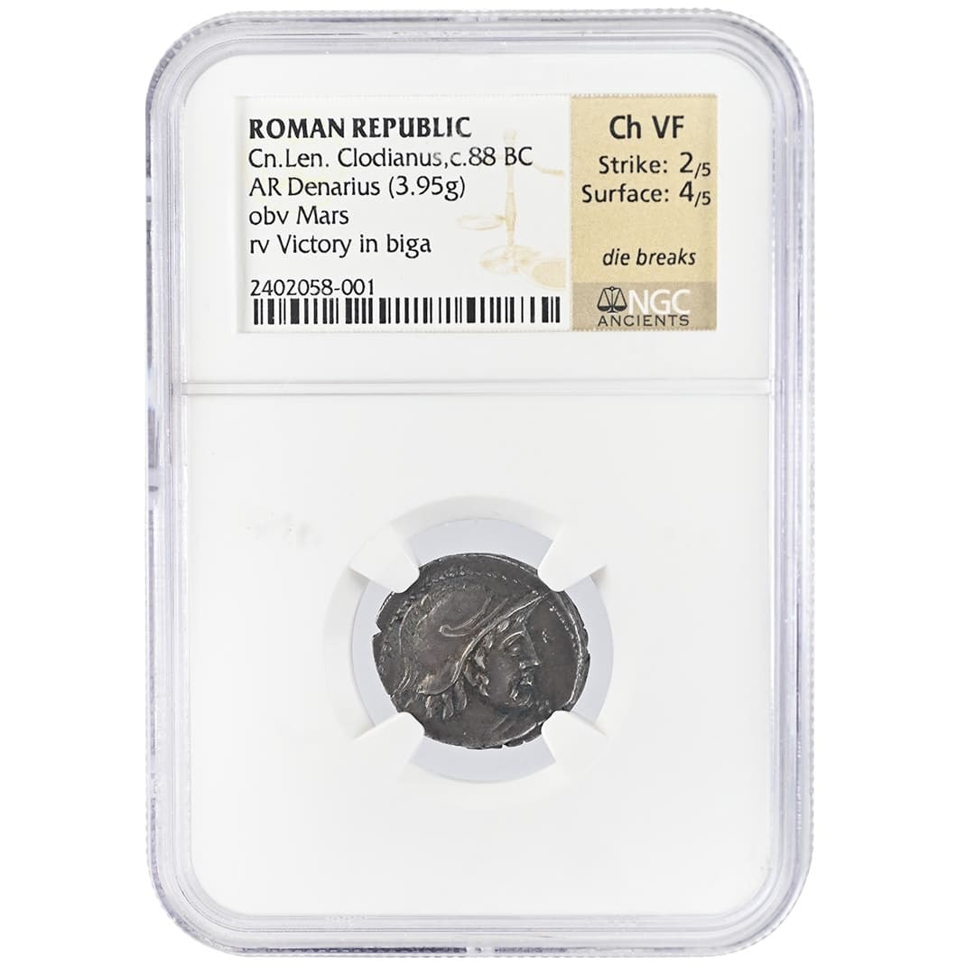 NGC Ch VF Roman Republic Silver Denarius of Cn Lentulus Clodianus 88 BC (1 of 2)