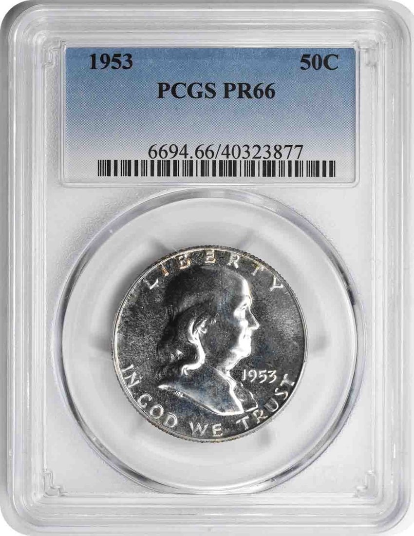 1953 Franklin Half Dollar PR66 PCGS Proof 90% Silver Coin: 1953 Franklin Half Dollar PR66 PCGS Proof 90% Silver Coin This 1953 Franklin Silver Half Dollar is a stunning example of American numismatic artistry, featuring a Proof strike from the Philadelphia mi