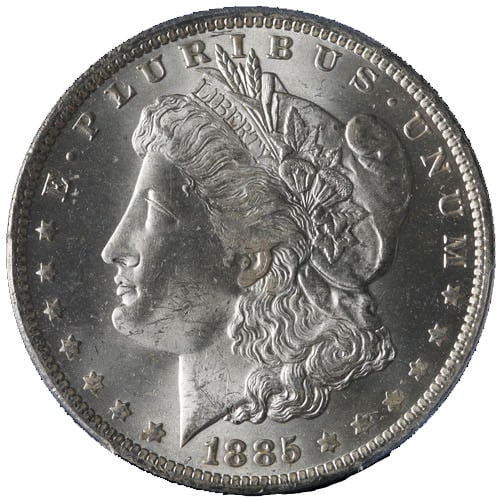 PCGS MS64 1885-O Morgan Dollar Uncirculated Silver Coin: PCGS MS64 1885-O Morgan Dollar Uncirculated Silver Coin This 1885-O Morgan Silver Dollar is certified by PCGS with a grade of MS64. The coin is uncirculated, features a bright, blast white appearance,