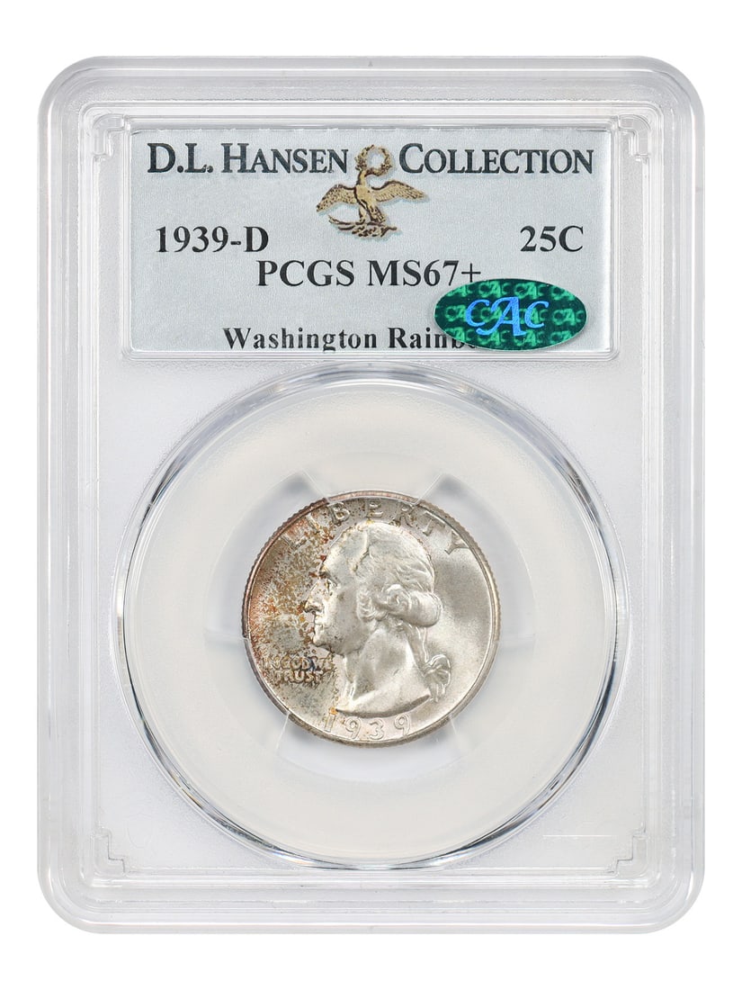 Washington Quarter 1939-D 25C PCGS CAC MS67+ ex D.L. Hansen: Washington Quarter 1939-D 25C PCGS CAC MS67+ ex D.L. Hansen 1939-D Washington Quarter certified by PCGS and approved by CAC, graded MS67+, ex: D.L. Hansen. This uncirculated quarter features sharp det