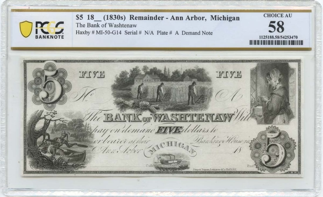 Bank of Washtenaw 1830s Ann Arbor Michigan $5 Obsolete Note PCGS AU58: Bank of Washtenaw 1830s Ann Arbor Michigan $5 Obsolete Note PCGS AU58 1830s Bank of Washtenaw obsolete note from Ann Arbor, Michigan. This pre-owned, circulated demand note has been graded AU58 by PCG