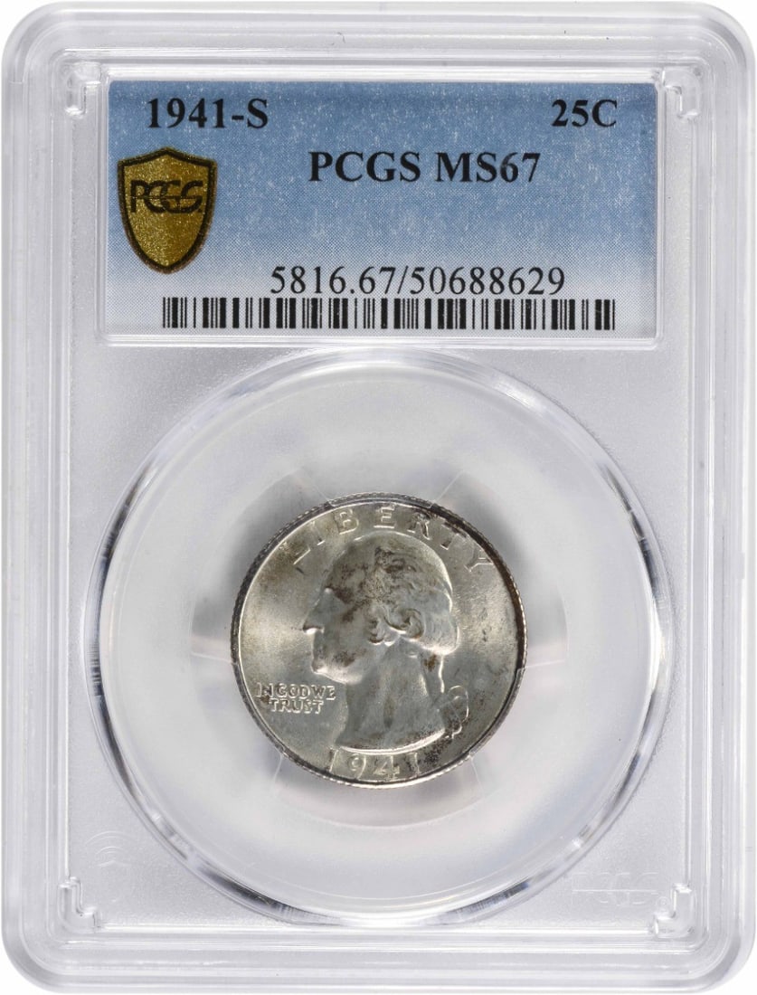 1941-S Washington Quarter MS67 PCGS Uncirculated Silver Coin: 1941-S Washington Quarter MS67 PCGS Uncirculated Silver Coin This 1941-S Washington Silver Quarter is a stunning example graded MS67 by PCGS, showcasing its uncirculated condition. Minted in San Franc