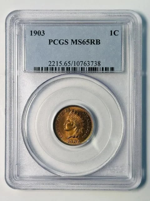 1903 Indian Head Cent PCGS MS65 RB Rainbow Toned Copper Coin: 1903 Indian Head Cent PCGS MS65 RB Rainbow Toned Copper Coin 1903 Indian Head penny certified by PCGS and graded MS-65 RB. This pre-owned copper cent is identified as a 1903 1C from the USA, with RB d