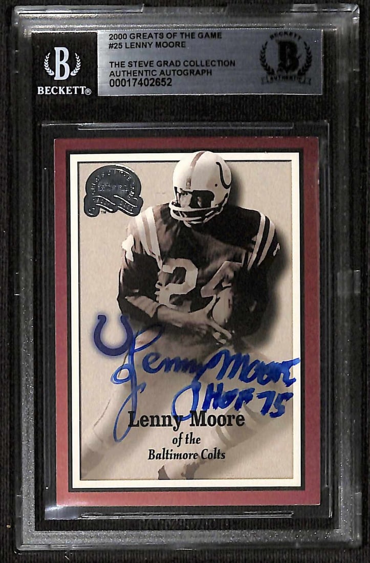 Autographed 2000 Greats of the Game #25 Lenny Moore Football Card Beckett Authenticated: Autographed 2000 Greats of the Game #25 Lenny Moore Football Card Beckett Authenticated This is an original 2000 Greats of the Game #25 sports trading card, featuring Lenny Moore of the Baltimore Colt