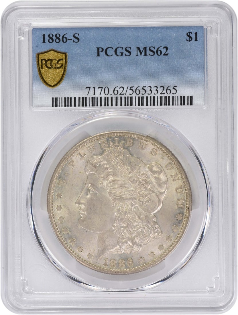PCGS MS62 1886-S Morgan Silver Dollar: PCGS MS62 1886-S Morgan Silver Dollar This 1886-S Morgan Silver Dollar is graded MS62 by PCGS, indicating it is an uncirculated coin with moderate mint luster and minor marks. Minted in San Francisco,