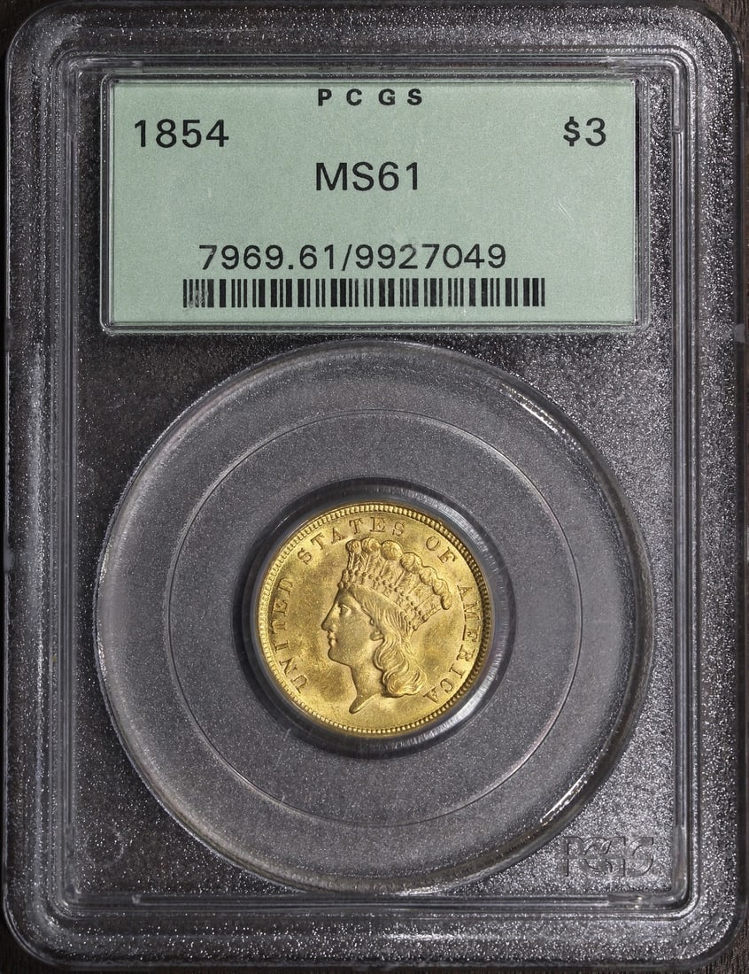 1854 $3 Gold Coin PCGS MS61 Old Green Holder: 1854 $3 Gold Coin PCGS MS61 Old Green Holder 1854 Three Dollar Gold Piece graded MS61 by PCGS and housed in an old green holder (OGH). This pre-1933 United States gold coin is a pre-owned example of t