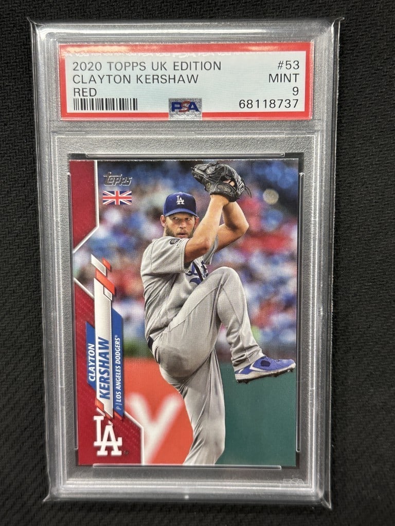 Clayton Kershaw 2020 Topps UK Red Border PSA 9 Dodgers Card #53: Clayton Kershaw 2020 Topps UK Red Border PSA 9 Dodgers Card #53 This is a Clayton Kershaw 2020 Topps UK Red Border baseball card, featuring the legendary pitcher of the Los Angeles Dodgers. The card i