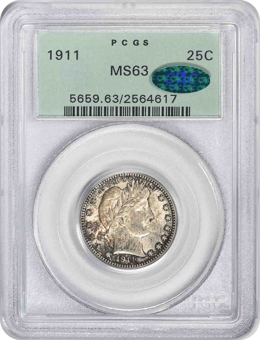 1911 MS63 Barber Quarter PCGS OGH CAC Certified Silver Coin: 1911 MS63 Barber Quarter PCGS OGH CAC Certified Silver Coin This 1911 Barber Quarter is graded MS63 by PCGS and features the original green holder with CAC approval. Struck in Philadelphia, the coin i