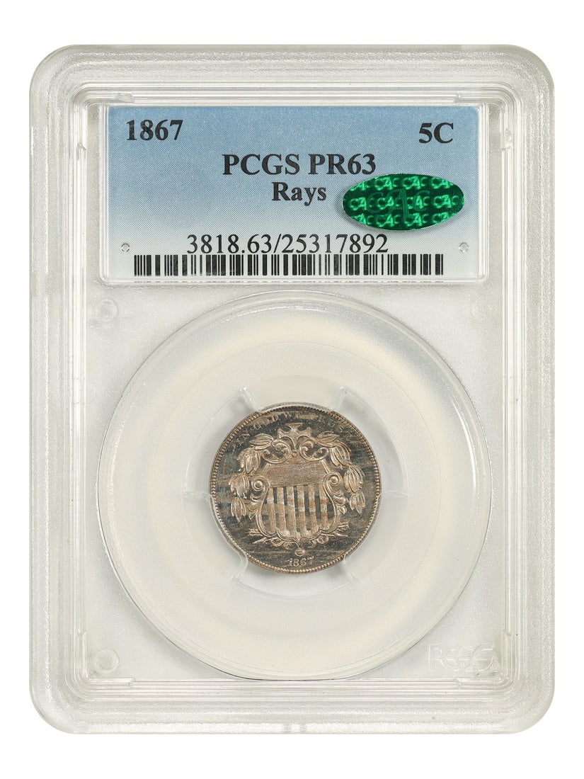 Shield Nickel 1867 5C PR63 Rays PCGS CAC: Shield Nickel 1867 5C PR63 Rays PCGS CAC 1867 Shield Nickel with Rays, certified PR63 by PCGS and approved by CAC. This uncirculated example is one of an estimated 40-50 struck coins and has been cons