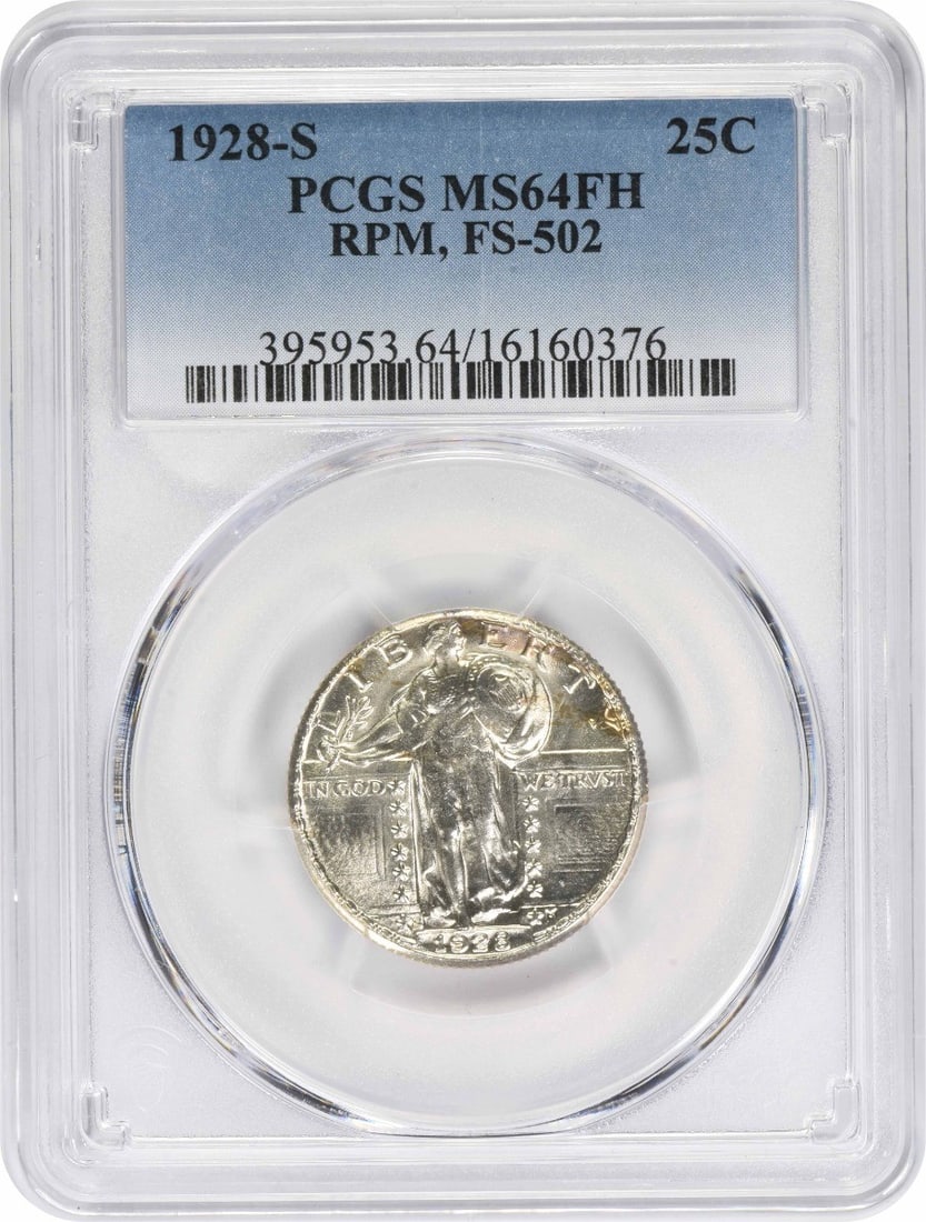 PCGS MS64FH 1928 S Standing Liberty Silver Quarter FS-502 RPM: PCGS MS64FH 1928 S Standing Liberty Silver Quarter FS-502 RPM 1928-S Standing Liberty silver quarter graded MS64FH by PCGS. This uncirculated United States 25C coin is a pre-owned example of the Stand