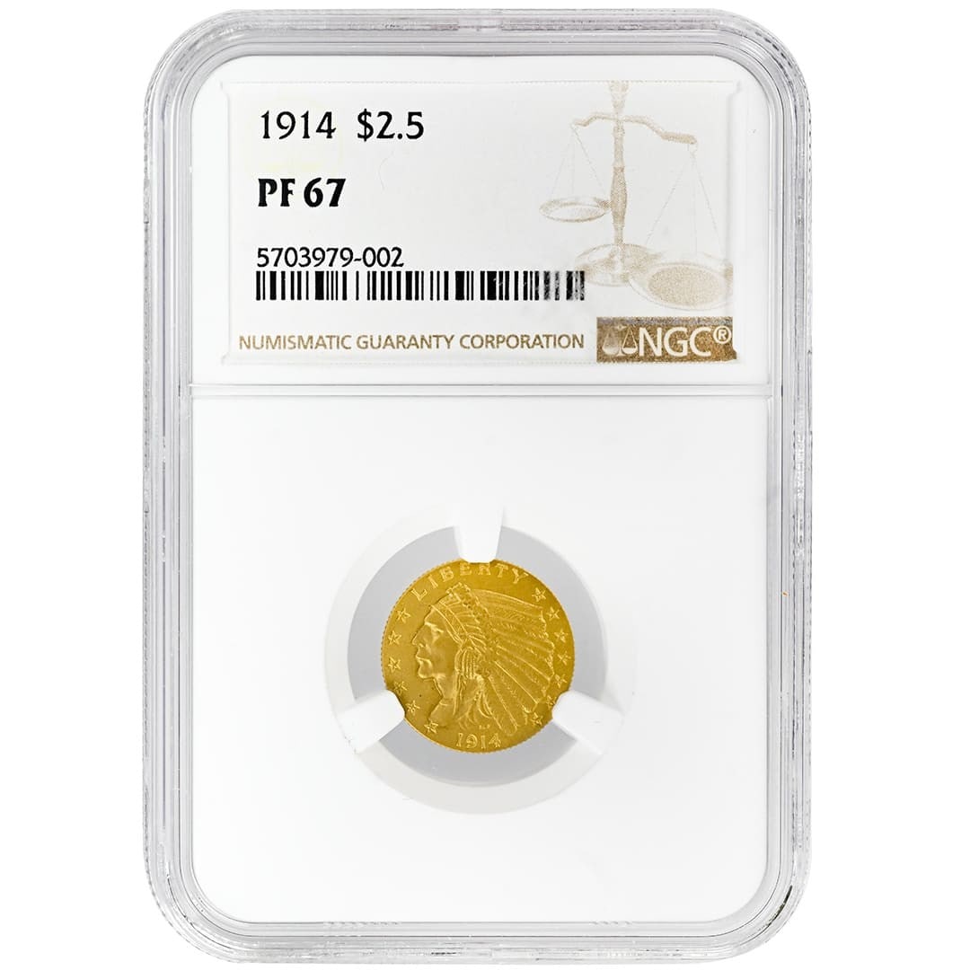 NGC PF67 Matte Proof 1914 Indian Head Quarter Eagle $2.50 Gold Coin: NGC PF67 Matte Proof 1914 Indian Head Quarter Eagle $2.50 Gold Coin 1914 $2.50 Indian Head Quarter Eagle certified by NGC as PF67 Matte Proof. This pre-owned United States gold coin was struck in Phil