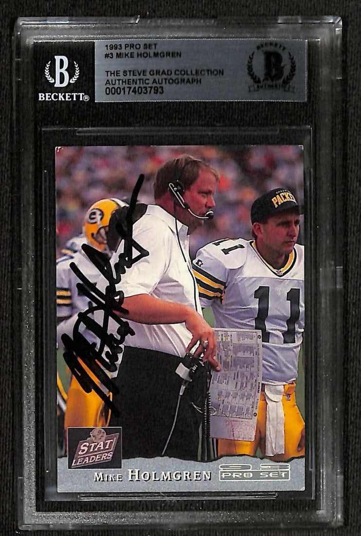 Mike Holmgren Signed 1993 Pro Set #3 Football Card Beckett Authenticated: Mike Holmgren Signed 1993 Pro Set #3 Football Card Beckett Authenticated This is an original 1993 Pro Set #3 sports trading card featuring the autograph of Mike Holmgren, the Head Coach of the Green B