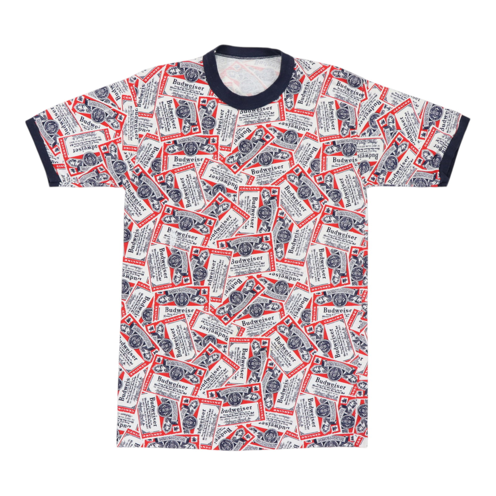 Vintage Budweiser Graphic Shirt from the 1970s Poly Cotton White: Vintage Budweiser Graphic Shirt from the 1970s Poly Cotton White This original vintage Budweiser shirt from the 1970s features an all-over graphic design on both the front and back. Made from a comfor