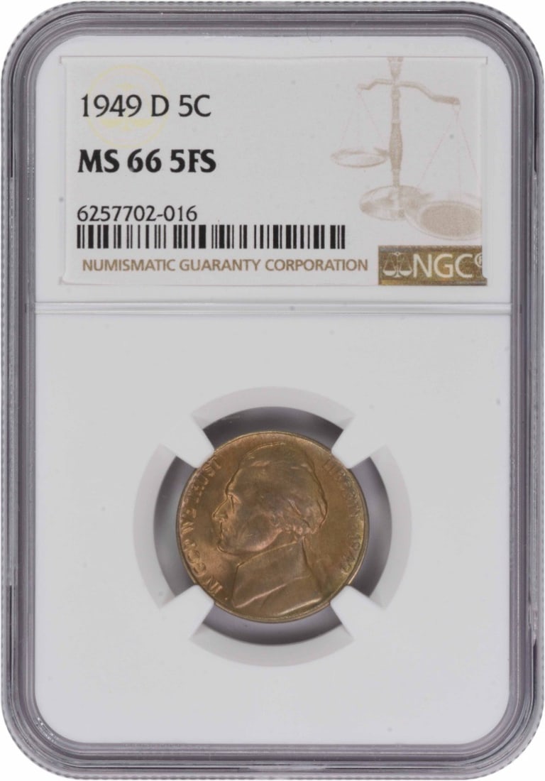 NGC MS66 1949 Denver Jefferson Nickel Five Full Steps: NGC MS66 1949 Denver Jefferson Nickel Five Full Steps This is an un-used 1949-D Jefferson Nickel graded MS66 5FS by NGC. Struck in Denver, this five-cent coin is composed of 75% copper and 25% nickel.