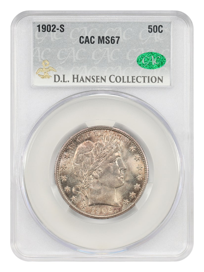 1902-S Barber Half Dollar 50C CACG MS67 San Francisco Mint: 1902-S Barber Half Dollar 50C CACG MS67 San Francisco Mint 1902-S Barber Half Dollar certified MS67 by CACG and pedigreed ex: D.L. Hansen. This uncirculated example is described as a scarce and underr