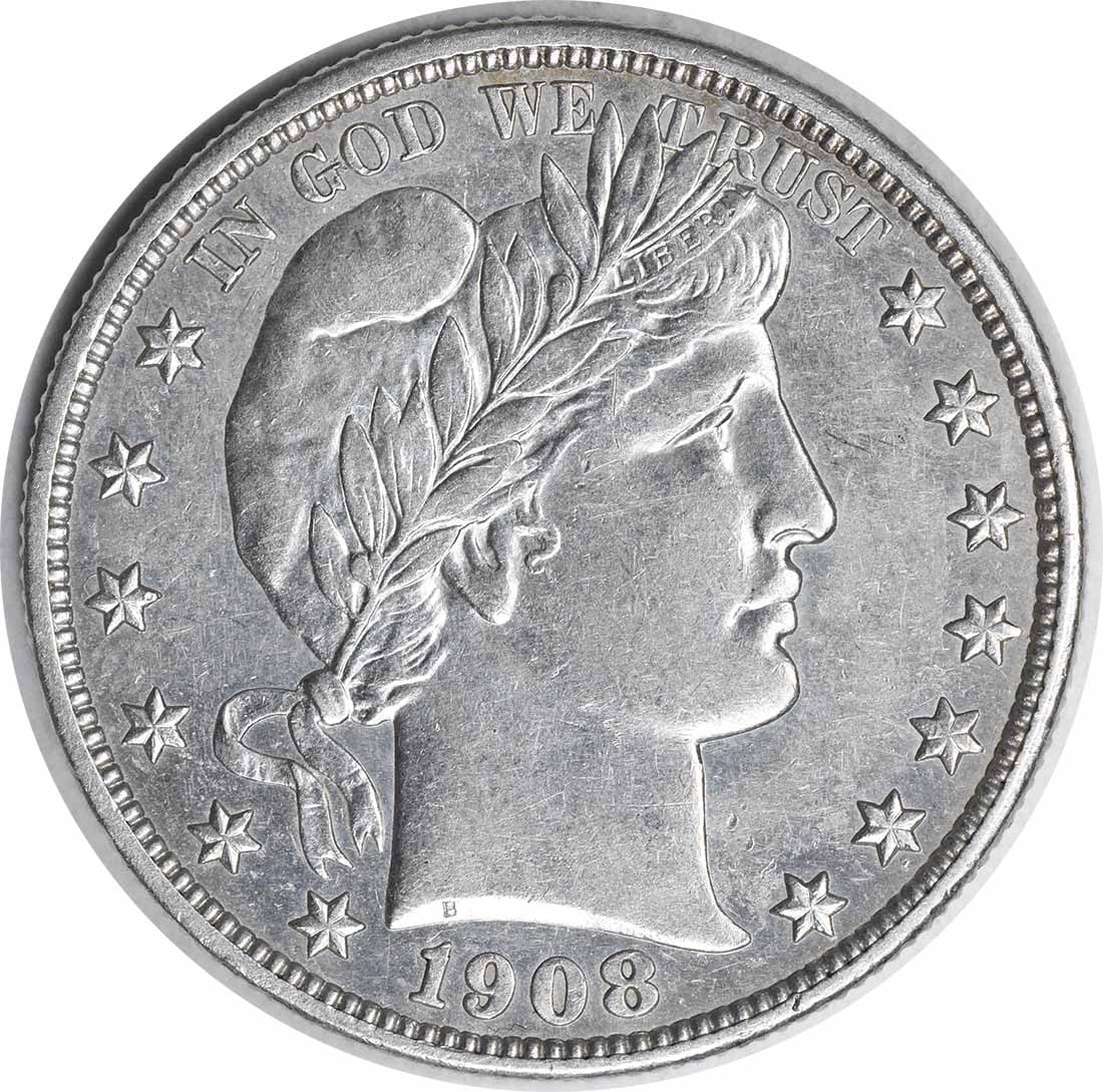 1908 S Barber 50C Silver Half Dollar AU Uncertified: 1908 S Barber 50C Silver Half Dollar AU Uncertified 1908-S Barber silver half dollar in AU slider grade. This uncertified coin is a circulated pre-owned example from the United States. Specifications 