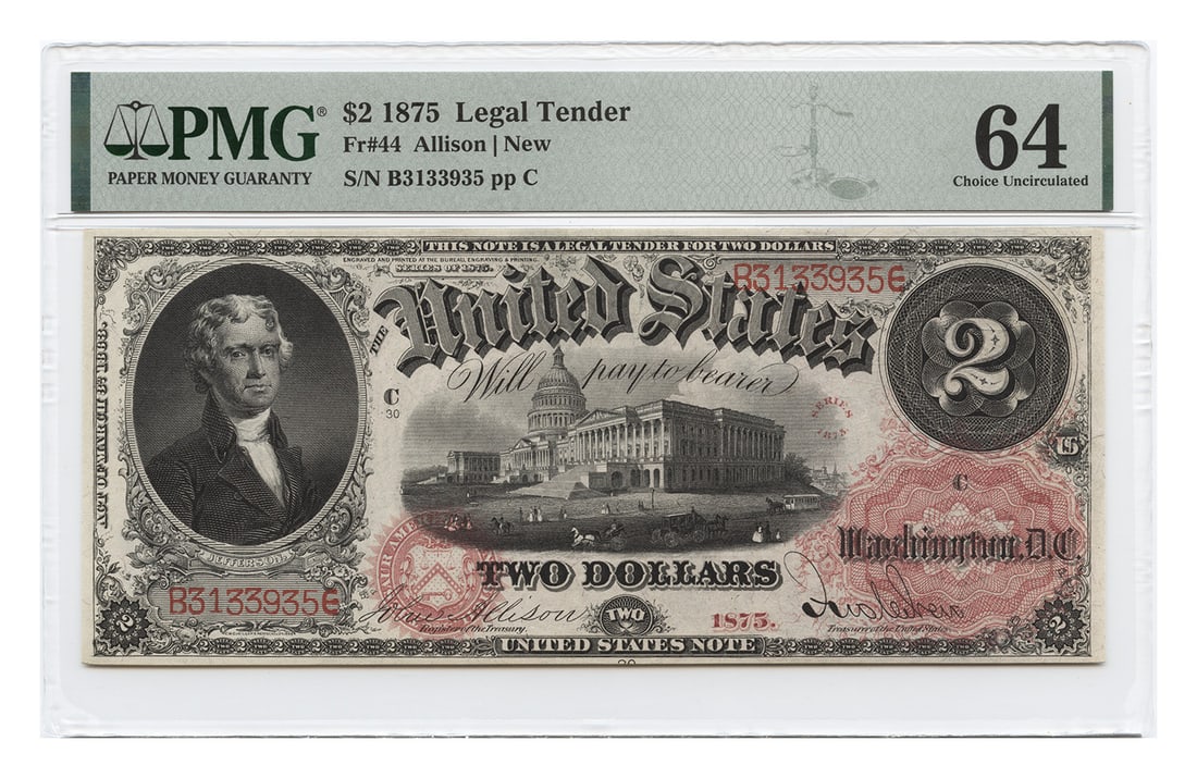 1875 $2 Legal Tender Note PMG Choice UNC64 Large Size: 1875 $2 Legal Tender Note PMG Choice UNC64 Large Size 1875 $2 Legal Tender note, Fr. 44, certified by PMG as Choice UNC64. This large size note is an attractive example with excellent color and a desi
