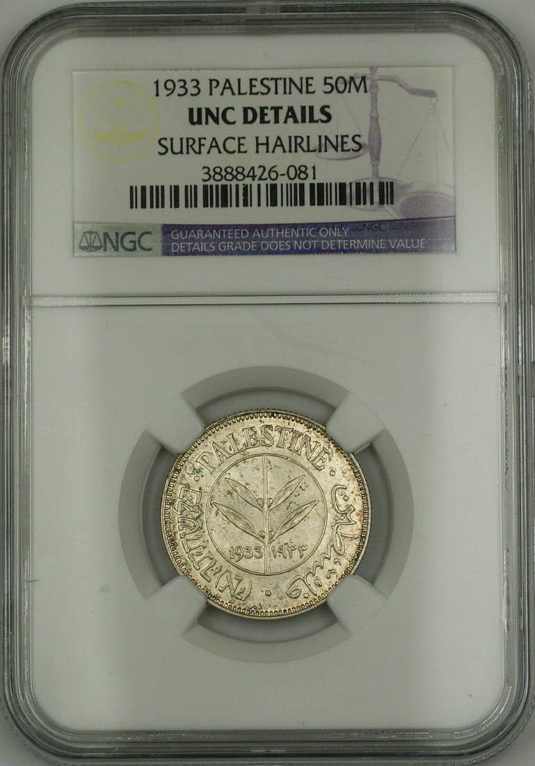 1933 Silver Palestine 50 Mils Coin NGC UNC Details With Surface Hairlines: 1933 Silver Palestine 50 Mils Coin NGC UNC Details With Surface Hairlines This 1933 Palestine 50 Mils silver coin has been certified by NGC with an UNC Details grade, indicating it is uncirculated but
