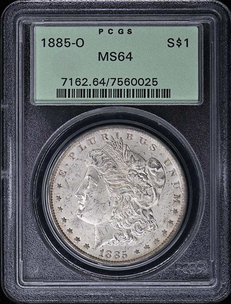 1885-O Morgan Dollar PCGS MS64 New Orleans Mint: 1885-O Morgan Dollar PCGS MS64 New Orleans Mint This 1885 Morgan Dollar was struck at the New Orleans Mint and is graded MS64 by PCGS. It is an uncirculated coin from the United States and comes in a 
