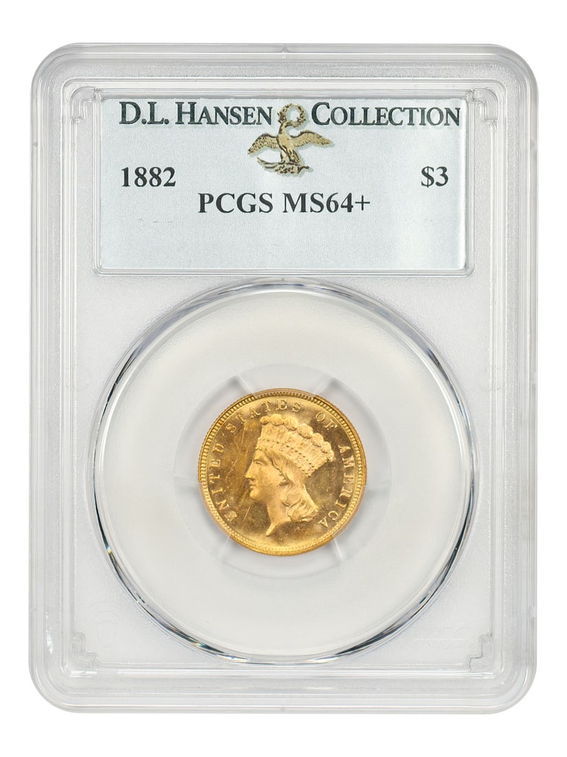 1882 Three Dollar Gold Coin PCGS MS64+ ex D.L. Hansen: 1882 Three Dollar Gold Coin PCGS MS64+ ex D.L. Hansen 1882 $3 gold coin graded PCGS MS64+ and pedigreed ex: D.L. Hansen. Mint records indicate that only 1,500 pieces were struck in 1882, though uncirc