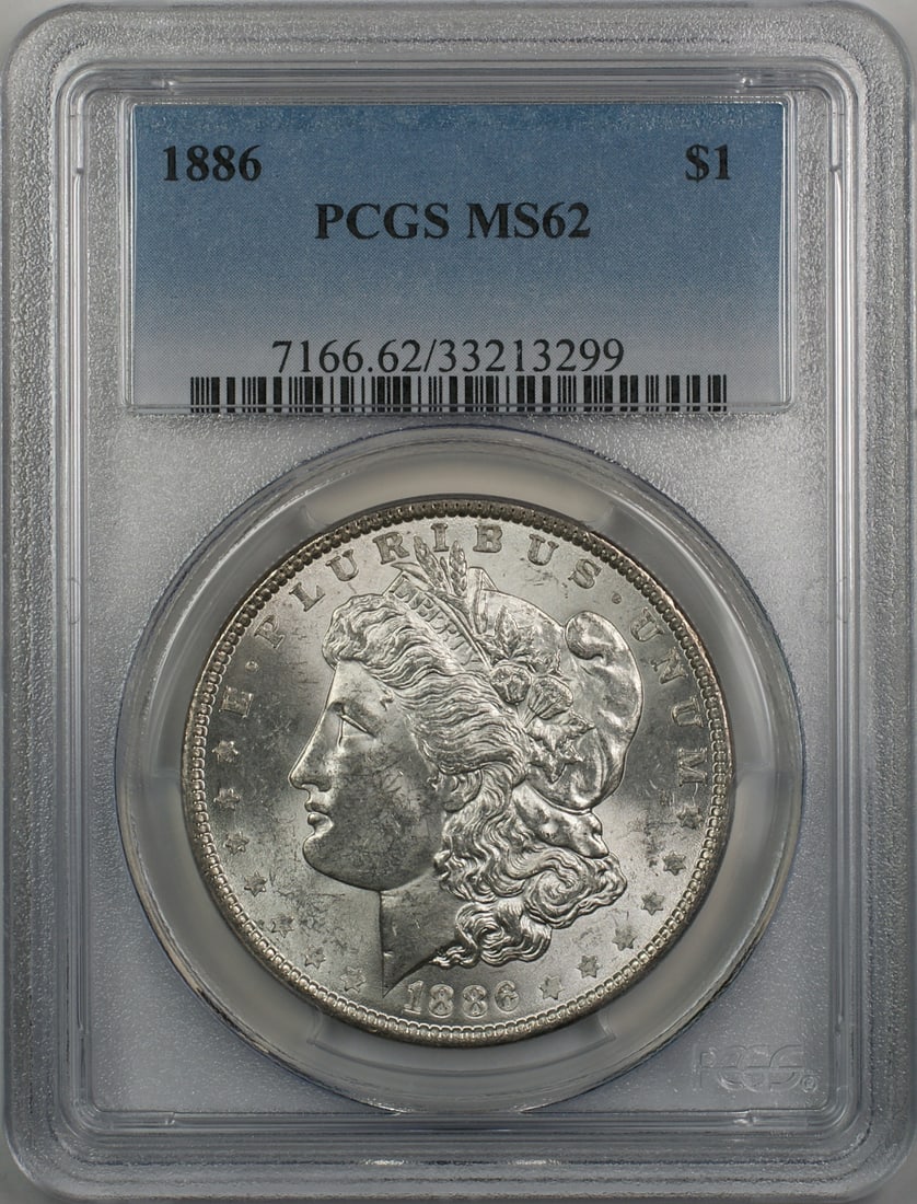 PCGS MS62 1886 Morgan silver dollar: PCGS MS62 1886 Morgan silver dollar This is an 1886 Morgan Silver Dollar $1 coin, certified by PCGS with a grade of MS 62. The coin originates from the United States, was minted in Philadelphia, and i