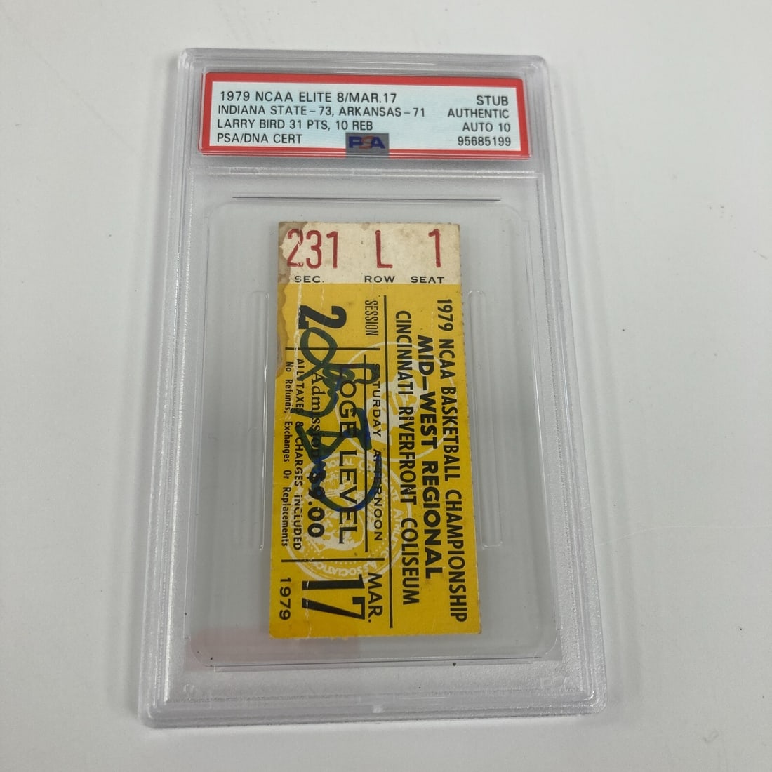 Larry Bird Signed 1979 NCAA Elite 8 Ticket PSA 10 Gem Mint Rare POP 3: Larry Bird Signed 1979 NCAA Elite 8 Ticket PSA 10 Gem Mint Rare POP 3 This is a rare signed ticket stub from the 1979 NCAA Championship Midwest Regional final, featuring Larry Bird. The ticket commemo