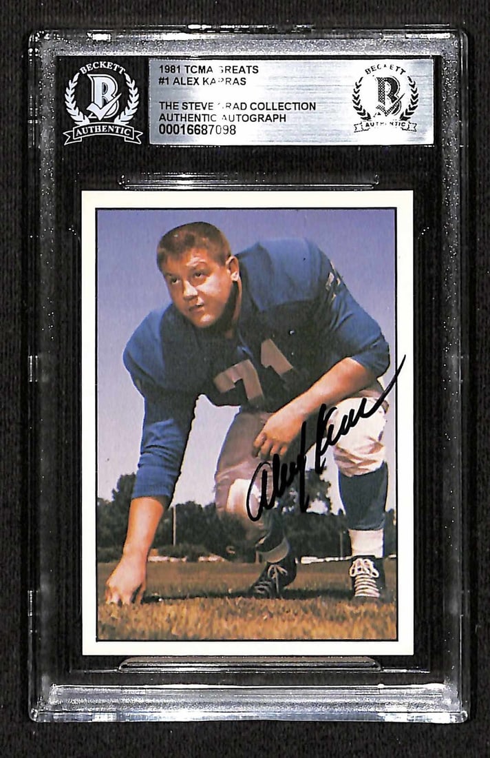 1981 TCMA Football Greats #1 Alex Karras Signed Card Beckett Authenticated: 1981 TCMA Football Greats #1 Alex Karras Signed Card Beckett Authenticated This is an autographed 1981 TCMA Football Greats #1 trading card featuring the legendary Alex Karras, known for his remarkabl