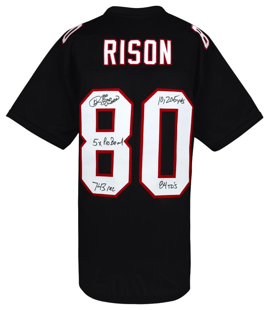 Andre Rison Signed Black Throwback Jersey with 5 Inscriptions: Andre Rison Signed Black Throwback Jersey with 5 Inscriptions Celebrate the legacy of Andre Rison with this authentic black throwback custom football jersey, signed by the NFL star himself. Rison, kno