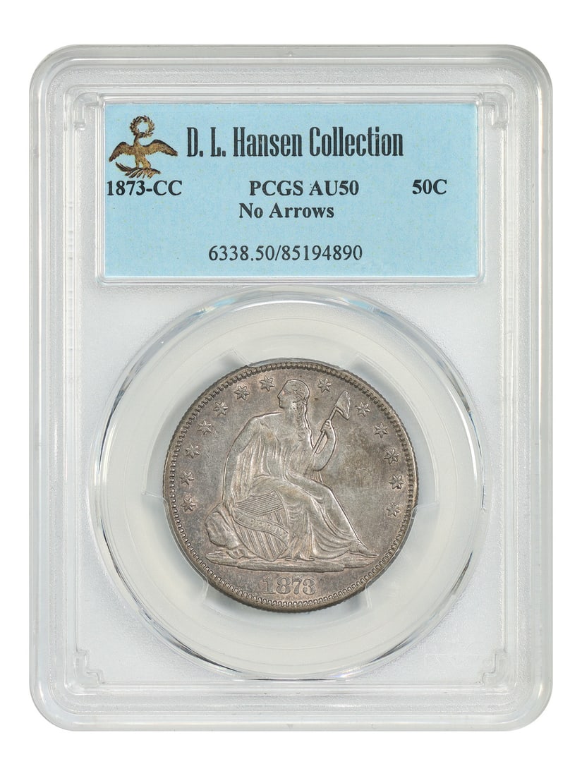 Liberty Seated Half Dollar 1873-CC PCGS AU50 No Arrows ex D.L. Hansen: Liberty Seated Half Dollar 1873-CC PCGS AU50 No Arrows ex D.L. Hansen 1873-CC Liberty Seated Half Dollar graded PCGS AU50. This circulated example is ex: D.L. Hansen and is scarce due to its low minta