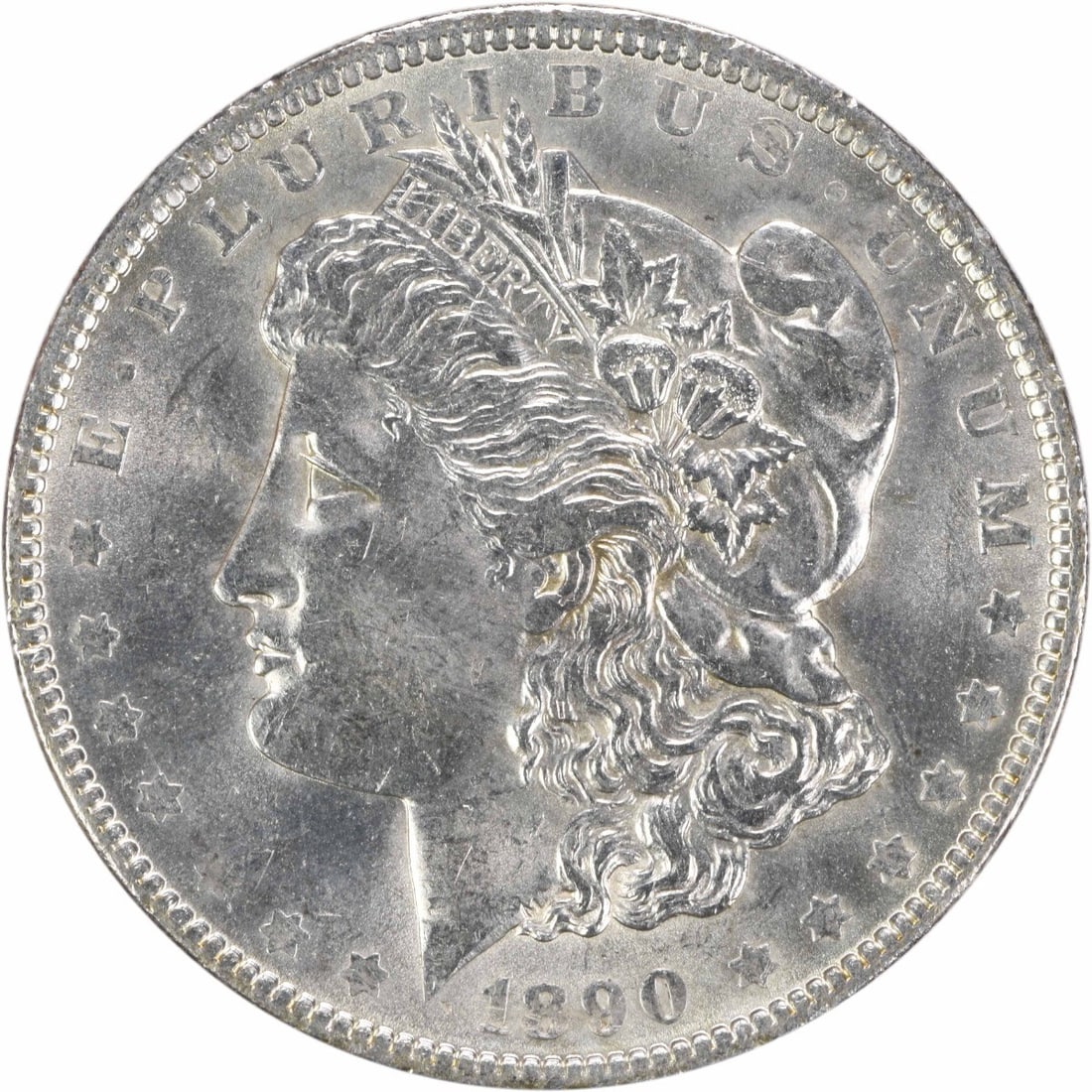 1890 Silver Morgan Dollar Brilliant Uncirculated Uncertified Coin: 1890 Silver Morgan Dollar Brilliant Uncirculated Uncertified Coin This is an uncirculated 1890 Morgan Silver Dollar from the United States. The coin is composed of silver, features no mint mark, and i
