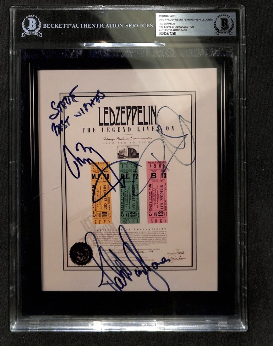 Led Zeppelin Signed 8x10 Photo by Page Plant Jones BAS Authenticated: Led Zeppelin Signed 8x10 Photo by Page Plant Jones BAS Authenticated This stunning autographed 8x10 color photograph features iconic rock legends Jimmy Page, Robert Plant, and John Paul Jones of Led Z