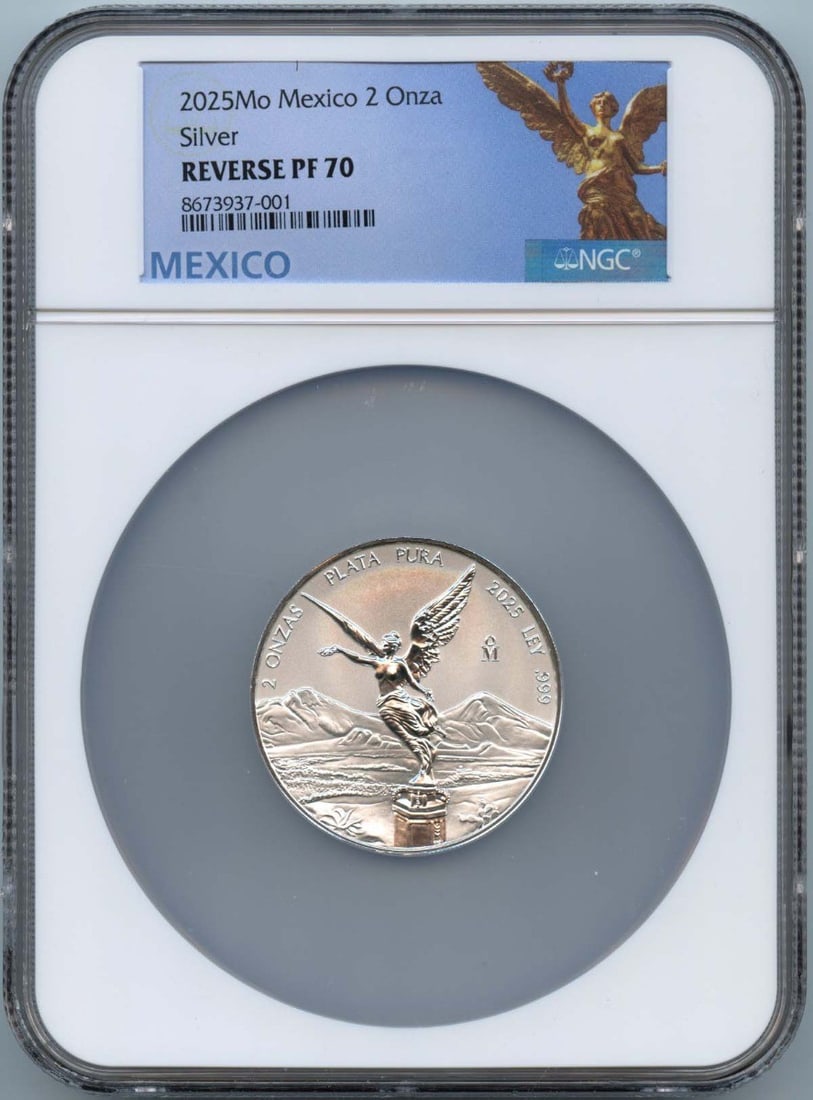 NGC PF70 2025 Mexico 2 Onza Libertad Silver Reverse Proof Coin: NGC PF70 2025 Mexico 2 Onza Libertad Silver Reverse Proof Coin 2025 Mo Mexico 2 Onza Libertad silver coin certified by NGC in PF70 Reverse Proof grade. This uncirculated, pre-owned example is a low mi