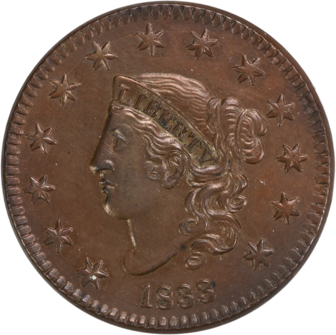 1833 Large Cent Coronet Head BU Copper Uncertified: 1833 Large Cent Coronet Head BU Copper Uncertified This 1833 Large Cent features the classic Coronet Head design by Robert Scot and is a notable coin from the Philadelphia mint. With a mintage of 2,73