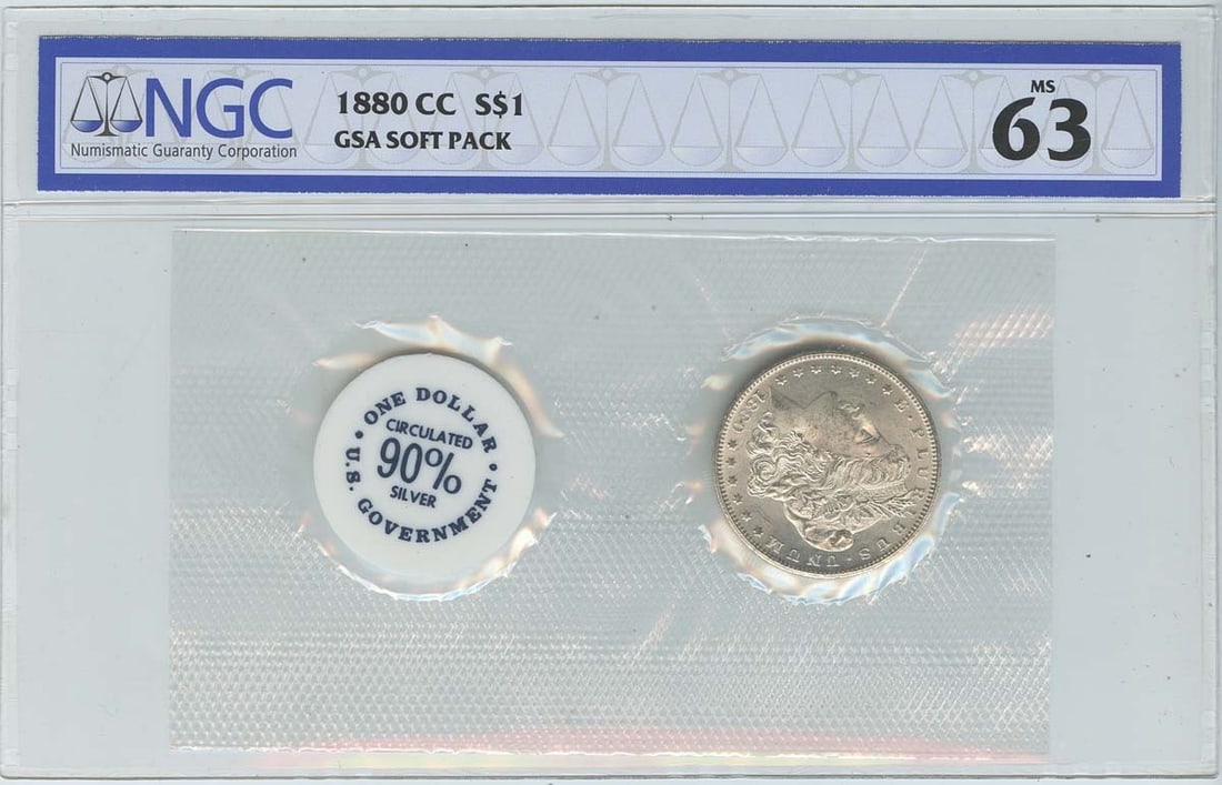 NGC MS63 1880 Carson City Morgan Dollar GSA Soft Pack: NGC MS63 1880 Carson City Morgan Dollar GSA Soft Pack This 1880-CC Morgan Dollar features the Carson City mint mark and comes in a GSA soft pack. Graded MS63 by NGC, this uncirculated silver dollar is