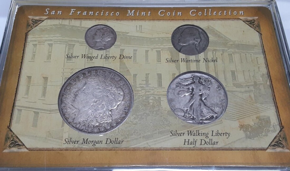 Four Silver Circulated Coins San Francisco Mint Set in Holder and Case: Four Silver Circulated Coins San Francisco Mint Set in Holder and Case This set includes four circulated coins struck at the San Francisco Mint, housed in a plastic holder and case. The set features a