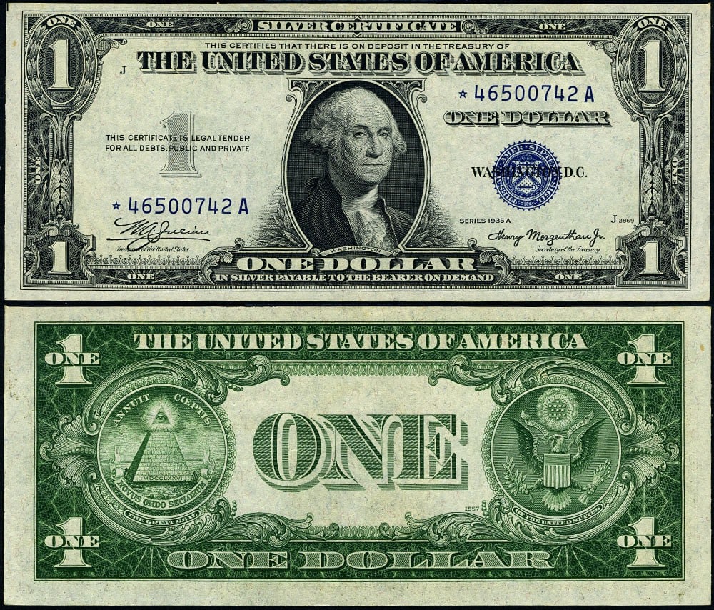 1935-A $1 Silver Certificate FR. 1608* Non-Mule AU Star: 1935-A $1 Silver Certificate FR. 1608* Non-Mule AU Star This is a circulated 1935-A $1 Silver Certificate, designated as FR. 1608* Non-Mule *-A Block, graded AU (About Uncirculated). The note features