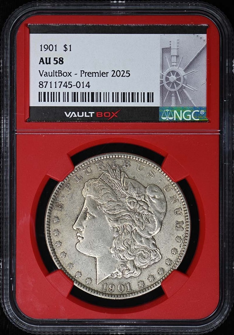NGC AU58 1901 Philadelphia Morgan Silver Dollar Vault Box Red: NGC AU58 1901 Philadelphia Morgan Silver Dollar Vault Box Red This 1901 Morgan Dollar features a denomination of S$1 and has been graded AU58 by NGC, indicating it is in About Uncirculated condition. 