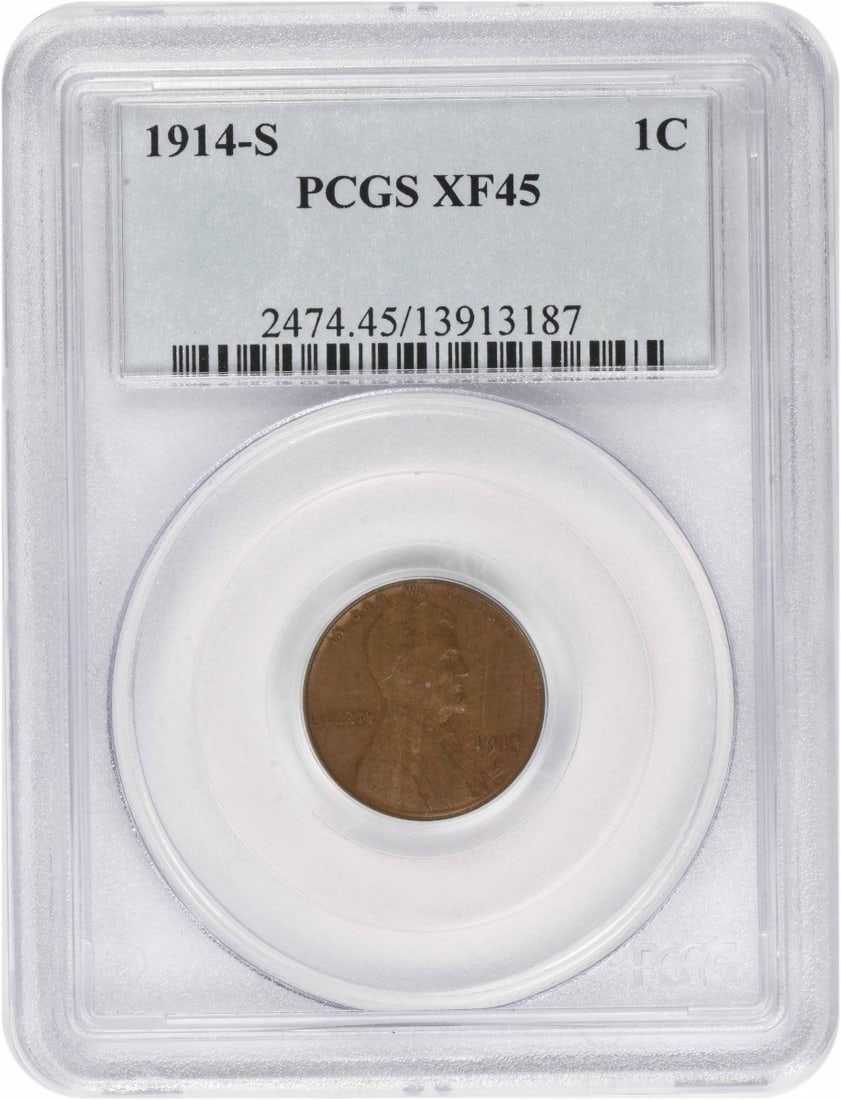 PCGS EF45 1914 S Lincoln Wheat Small Cent: PCGS EF45 1914 S Lincoln Wheat Small Cent 1914-S Lincoln Wheat small cent graded EF45 by PCGS. This circulated, pre-owned United States coin is struck in copper and carries the San Francisco mint desi
